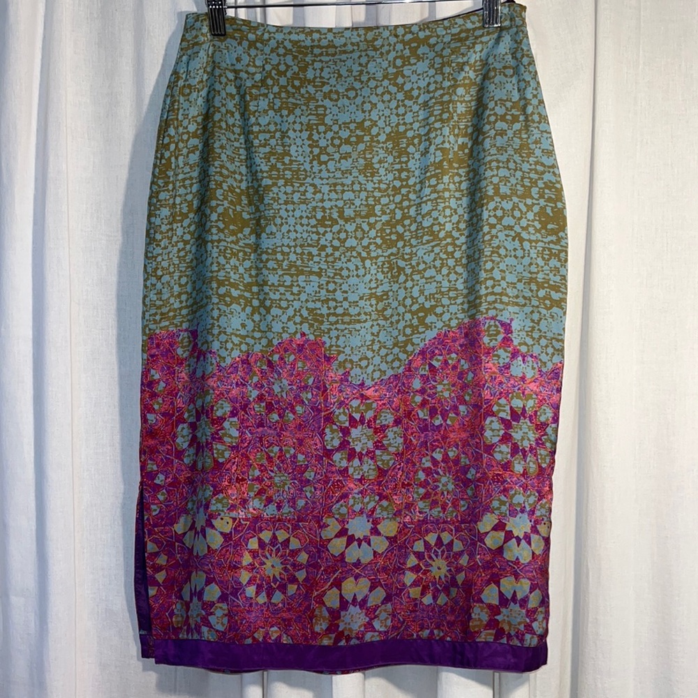 Harold’s silk abstract floral & geo print midi with side slits